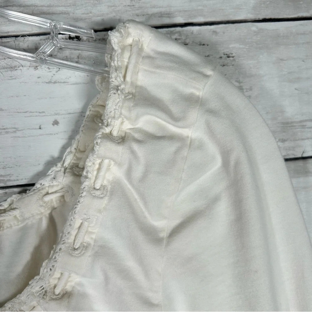 Free People Scarlet Smocked Crop Milkmaid T-shirt Knit Ivory Long Sleeve Top M